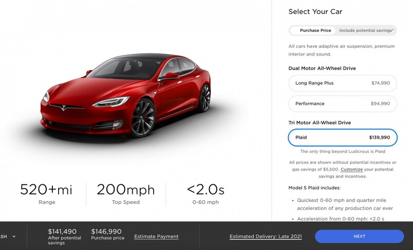 Tesla Model S Plaid馬力超過1100匹！0-100km/h少於2.1秒！稅前售價都只是14萬美元
