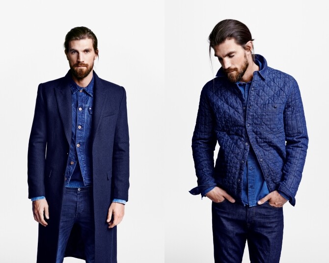 （左）深藍色大褸 $799 ；（右）藍色夾棉外套 $399