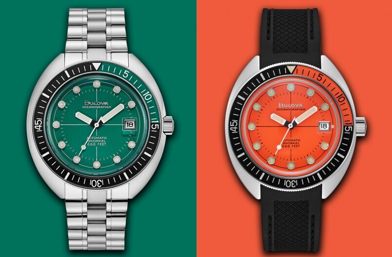 以綠色為主調的不銹鋼錶帶款及以橙色為 主調的黑色矽膠錶帶款，分別