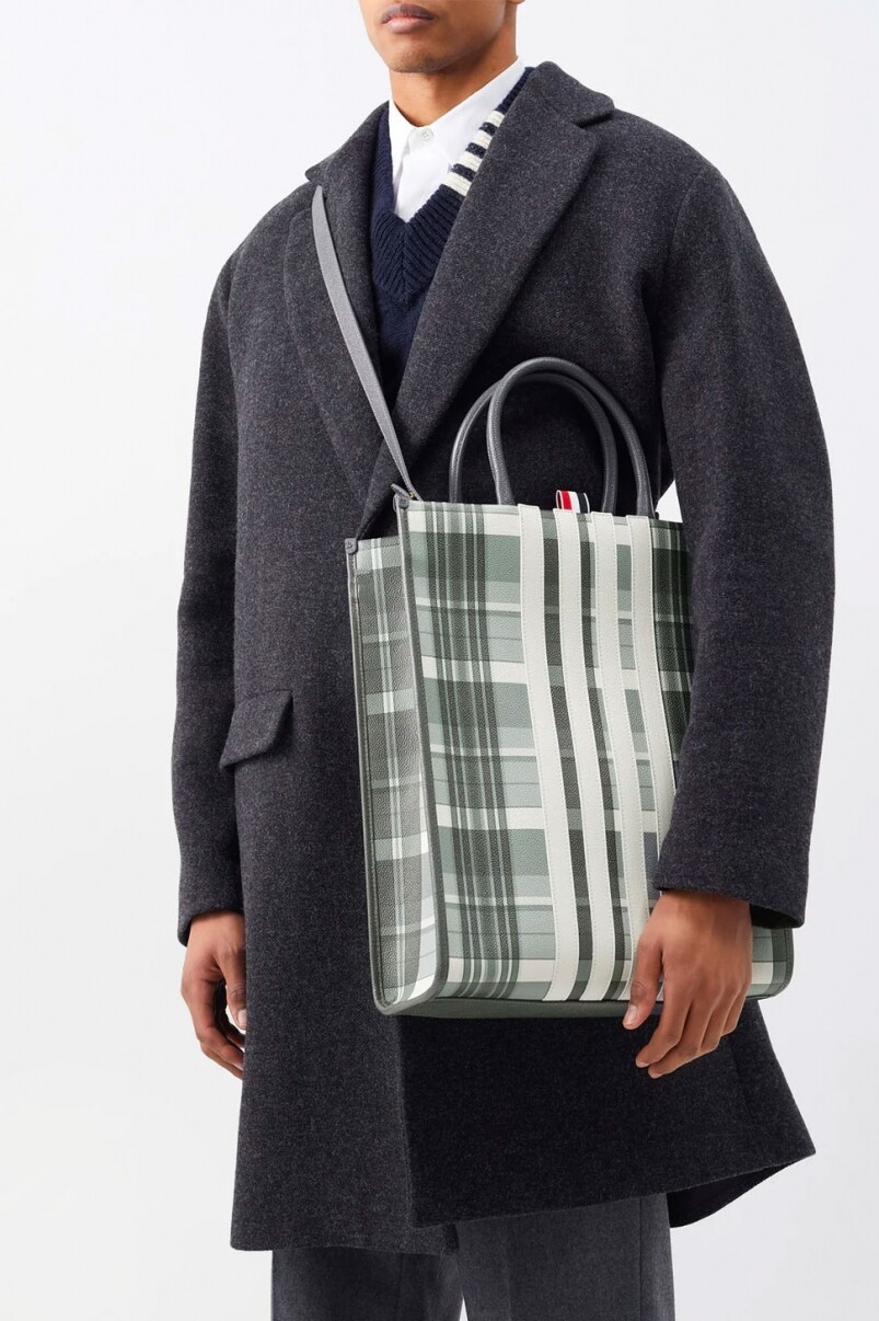 Thom Browne Four-Bar check grained-leather tote bag