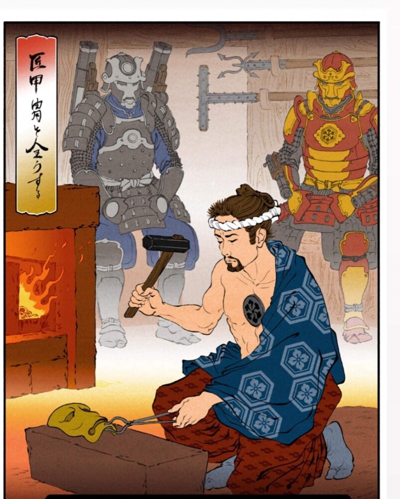 以IRON MAN作為創作靈感也極為有趣，Tony Stark化身日本打鐵工職人似的，而他身