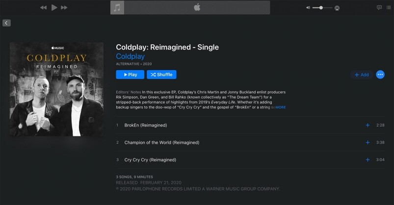 《Coldplay: Reimagined》EP 和短片，Apple Music獨家上架，作為歌迷，怎可以不第一時間擁有！下載
