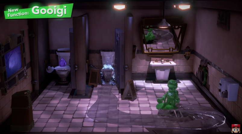Gooigi和Luigi都可以切換使用，一起解開謎團和過關。不過小心Gooigi是不能碰水，否