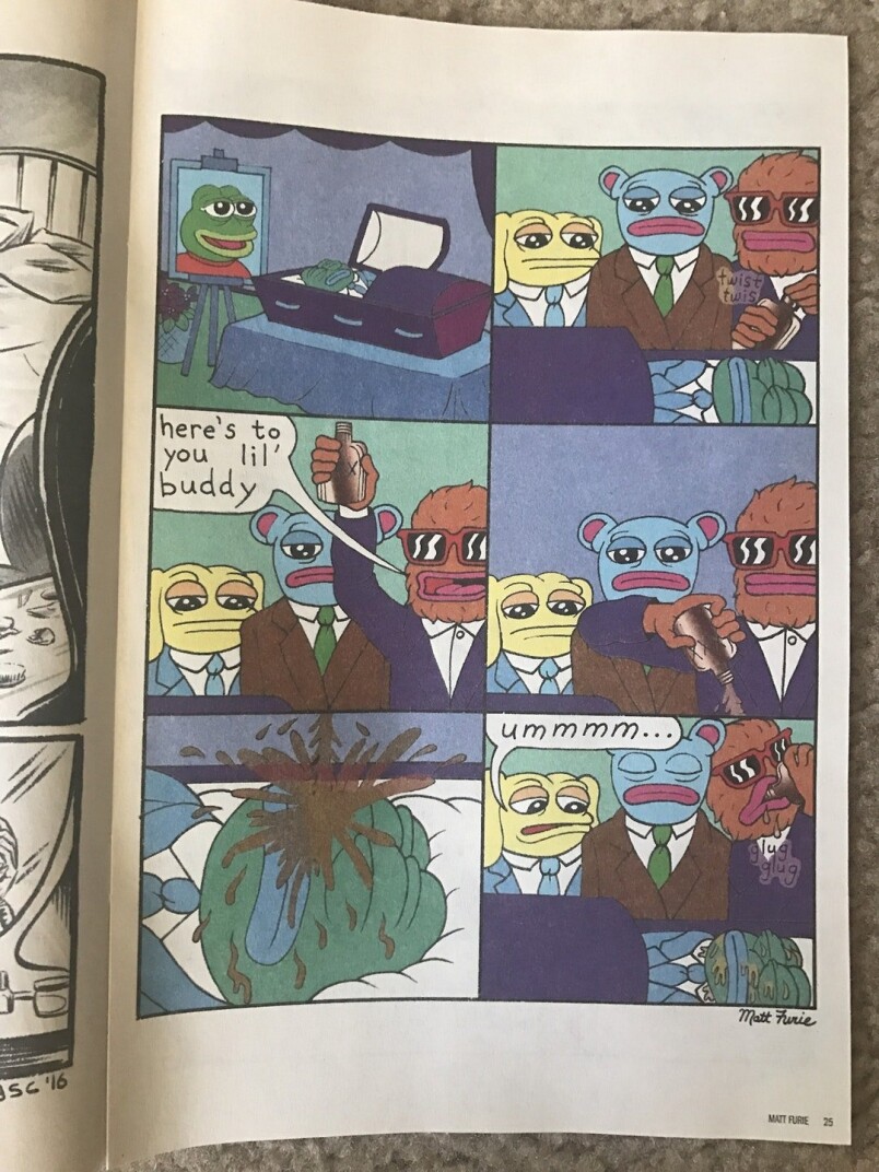 有見及此,Pepe the Frog的原創者Furie除了畫下Pepe的「特朗普噩夢」外,亦發起了#SavePepe行 有見及此,Pepe the Frog的原創者Furie除了畫下Pepe的「特朗普噩夢」外,亦發起了#SavePepe行