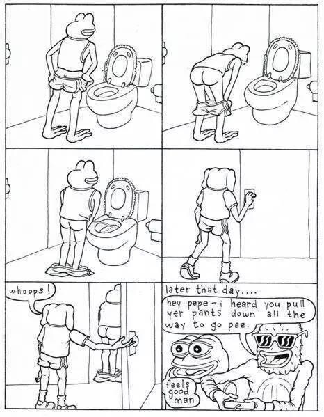 讓Pepe the Frog一舉成名的漫畫場景主要敘述他站著尿尿，卻被他的朋友發現
