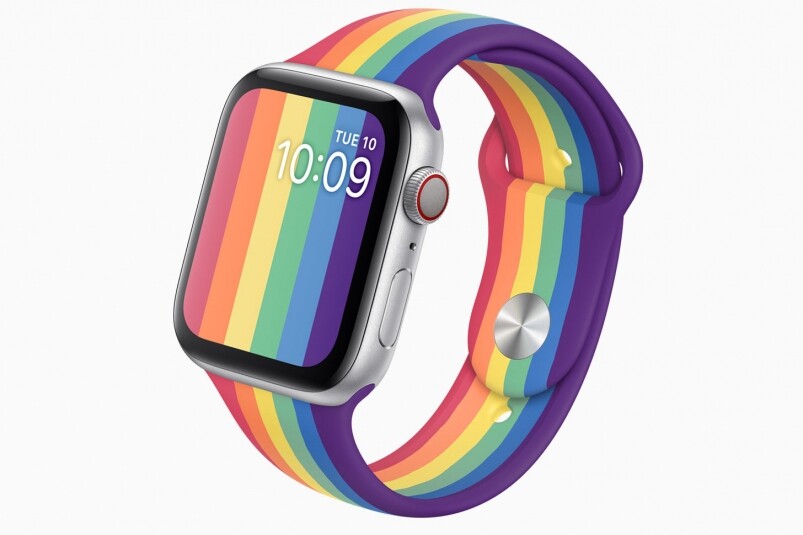 而另一款Apple Watch Pride Edition的運動錶帶採用獨特的彩虹色直向條紋設計，與Apple Watch
