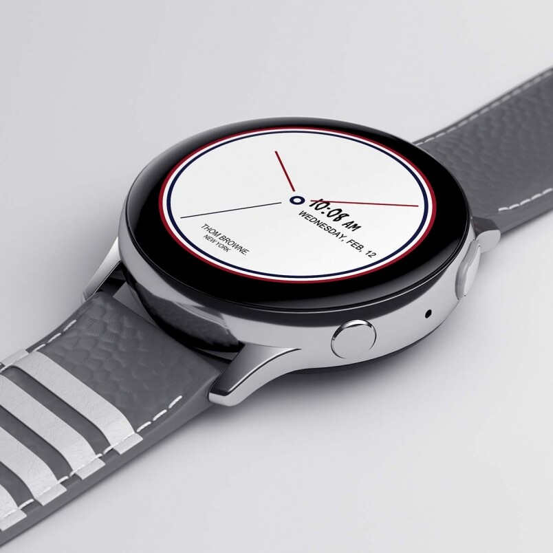 智能手錶Galaxy Watch Active2則配上灰色皮帶,上有白色條紋,同樣是Thom Browne的招牌設 智能手錶Galaxy Watch Active2則配上灰色皮帶,上有白色條紋,同樣是Thom Browne的招牌設