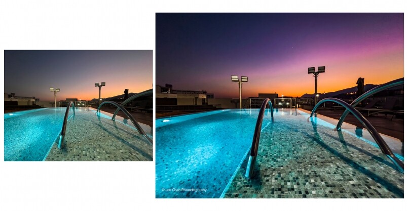 黃昏時分，泳池與橙色的日落背景形成了鮮明的對比。iPhone一拍已經捕捉了