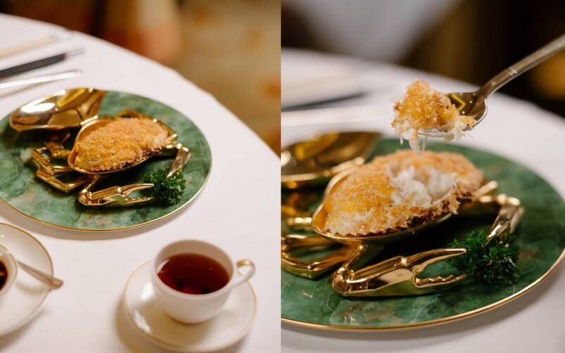 金葉庭今年於父親節推出多款時令菜式，其中焗釀鮮蟹蓋（HK$220），以新鮮蟹