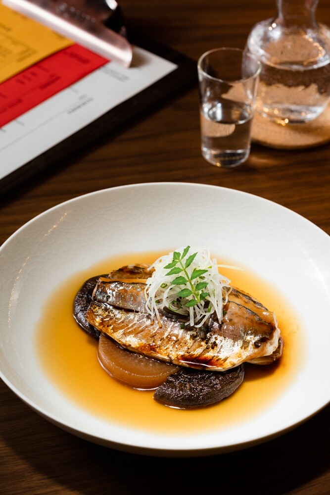 SOMM Sake Steamed then Charred Saba Mackerel, Lime, Daikon & Dashi SOMM Sake Steamed then Charred Saba Mackerel, Lime, Daikon & Dashi