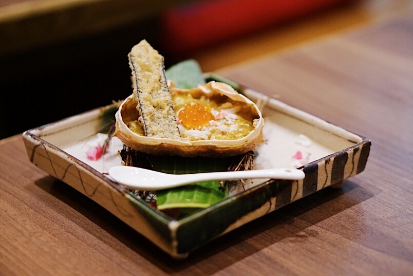 秋冬是食蟹的好季節，套餐內的濱海燒亦選擇了蟹味噌甲羅燒，伴著鮮甜