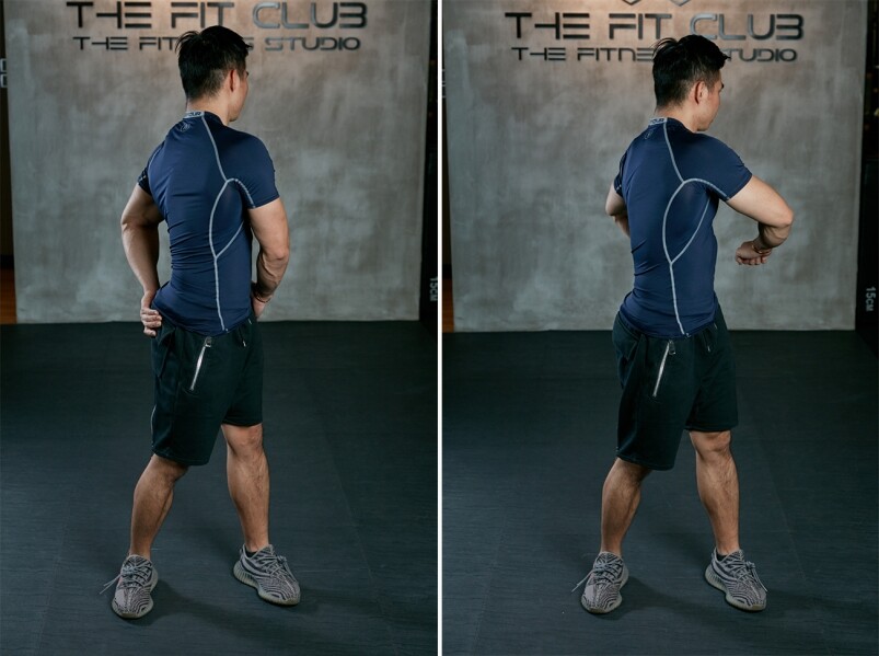 拉筋動作－腰部轉腰的角度不足，或者可以借助牆壁或固定物件扭動身體
