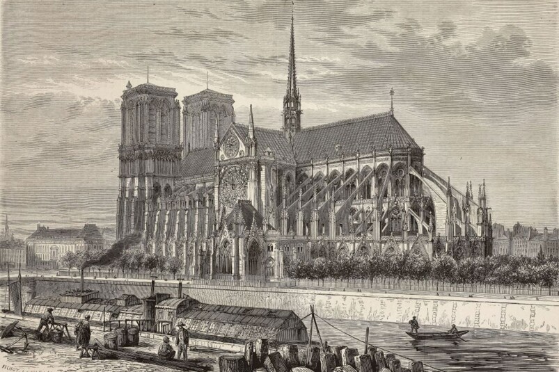 巴黎聖母院約建造始於1163年，於1345年間全部建成，經歷了180年的建築時間