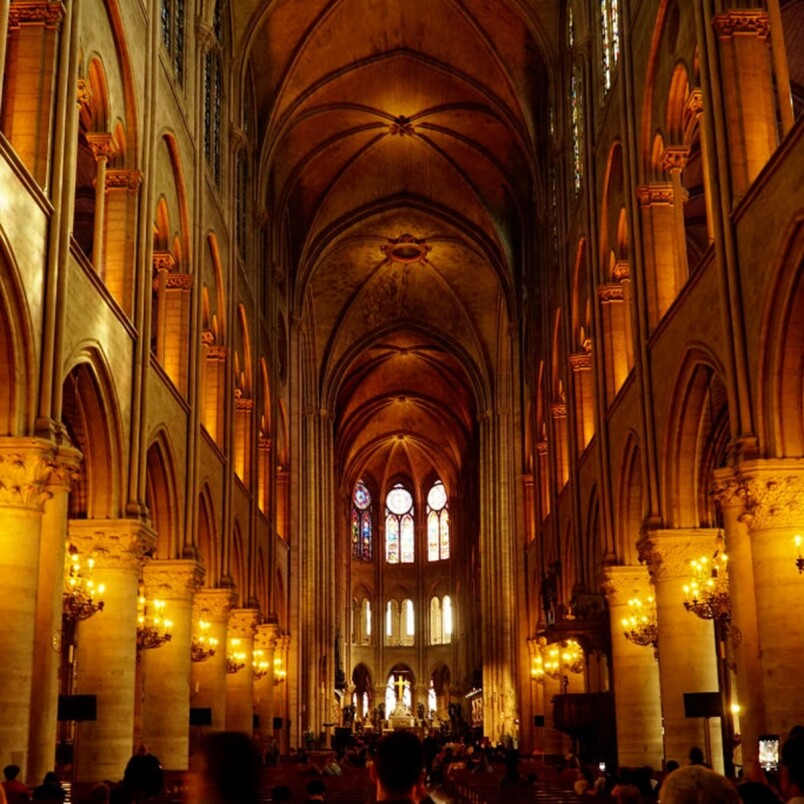 巴黎聖母院內的尖肋拱頂型天花是哥德式建築重要的特點，是建築學的