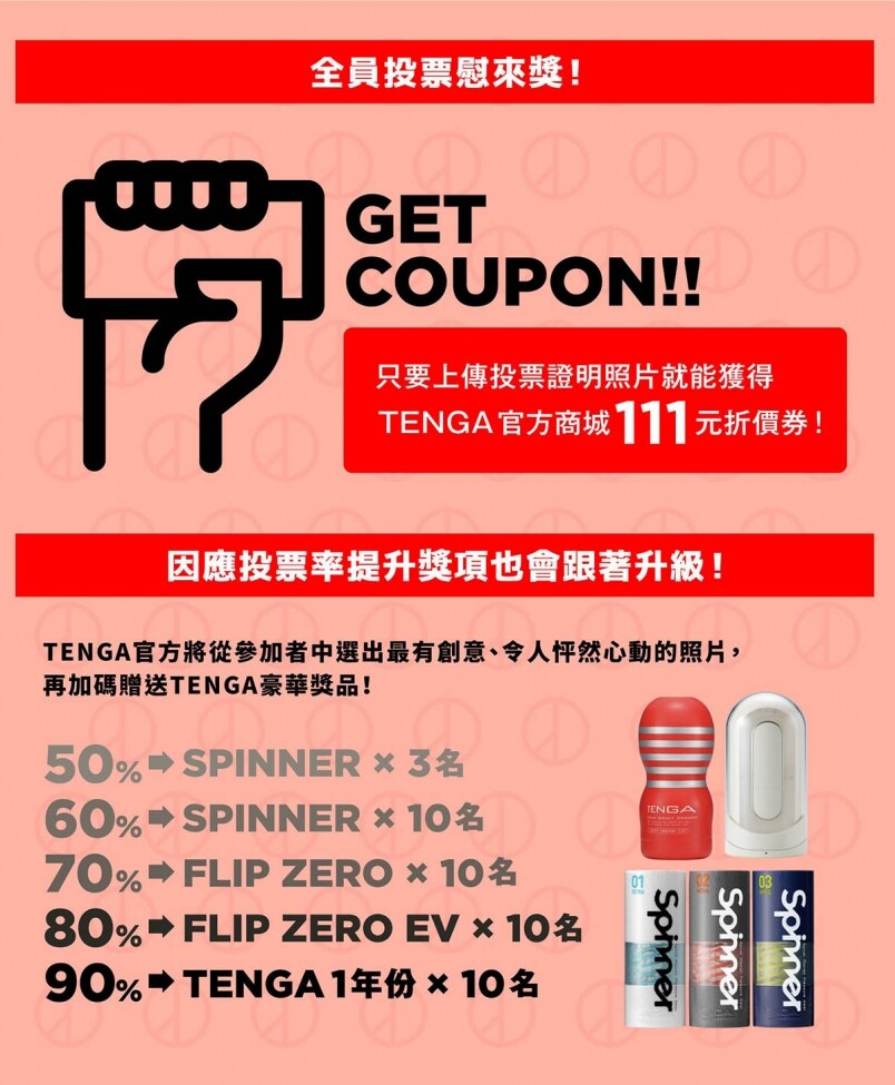 【自己的晚上自己決定】成人品牌Tenga鼓勵台灣人投票送現金卷！投票率越高越多禮物？