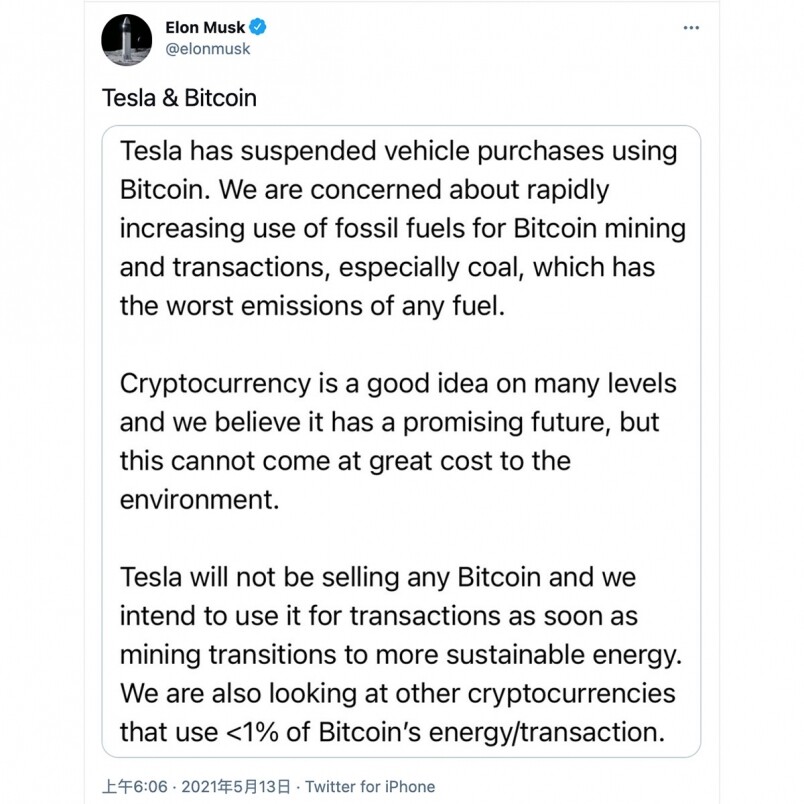 Elon Musk發言令Bitcoin急跌