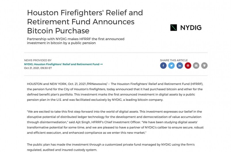 休士頓消防員救濟和退休基金（HFRRF），在10月21日宣布購買包括 BTC、ETH 共 2,500