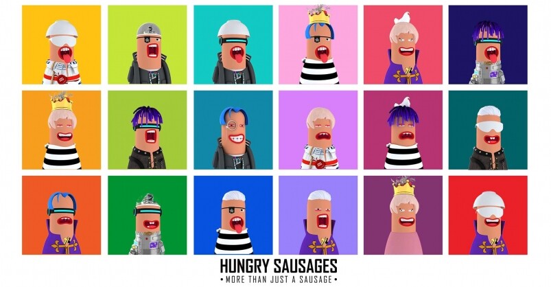 《Hungry Sausages》NFT 系列共包含 5,000 個獨一無二的香腸星人形象，設計師結合 2D 和