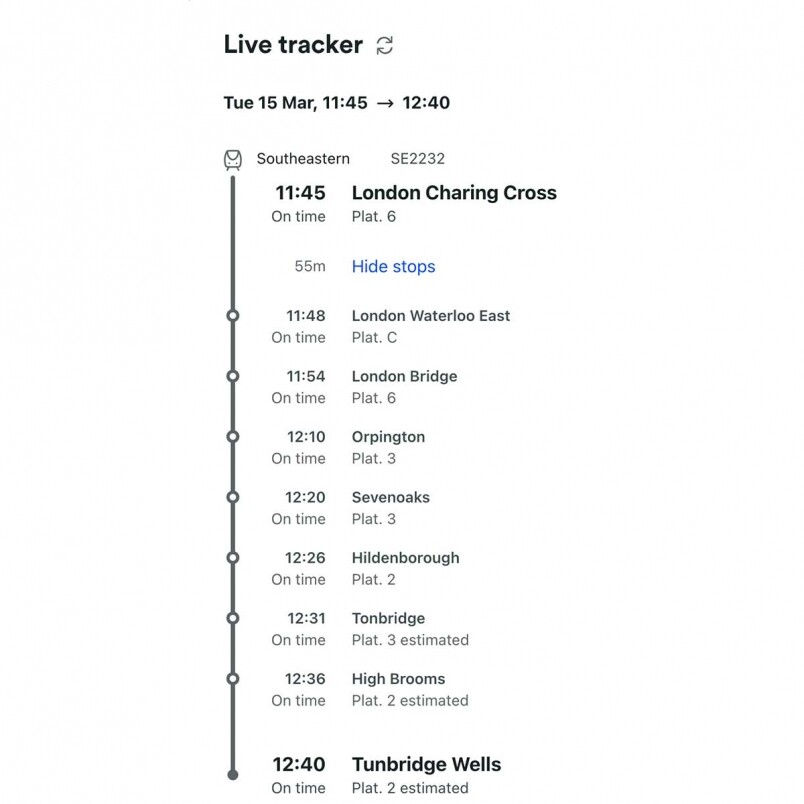 打開英國的火車訂票網站Trainline，我們先看看第一條，就是由Charing Cross出發，然後一