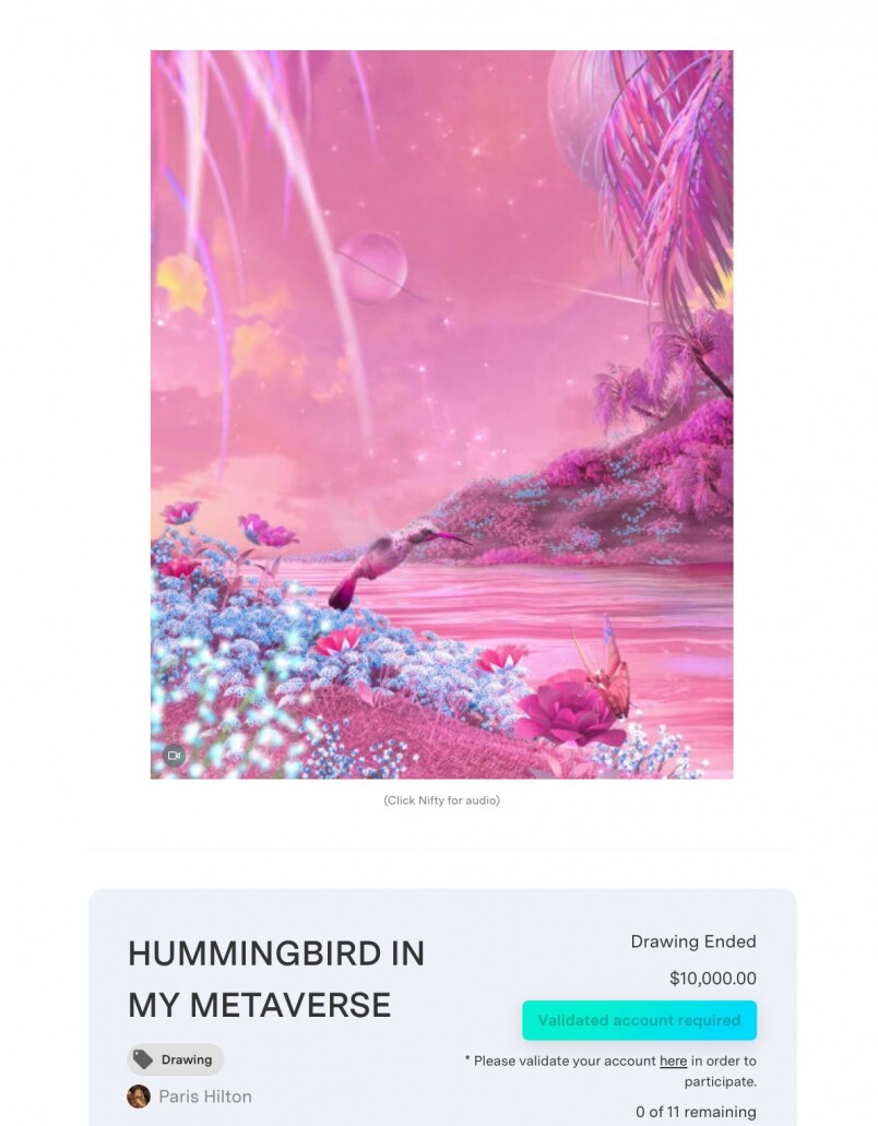 Paris Hillton也有推出NFT 「Hummingbird in My Metaverse」則由最初的價格7,500美元，跌至現在的平均加