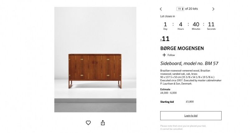 Børge MogensenSideboard, model no. BM57估價為4000-6000英鎊，投標價為3800英鎊。這張椅子由Børge Mogensen