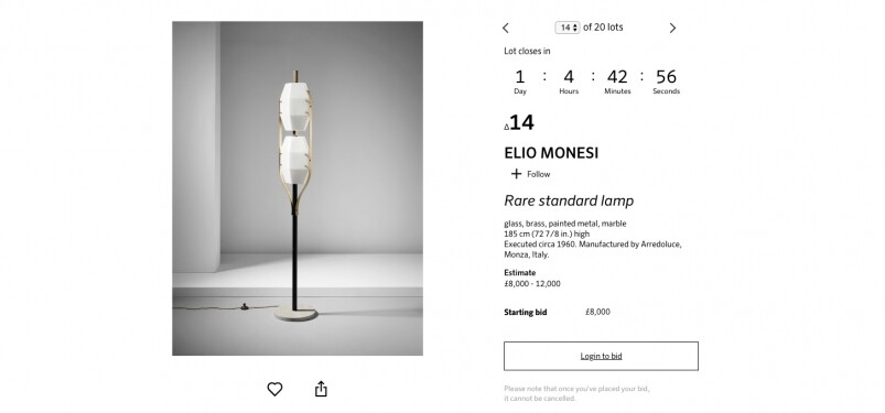 Elio MonesiRare standard lamp估價8000-12000英鎊，上世紀60年代的設計，由意大利Arredoluce生產。