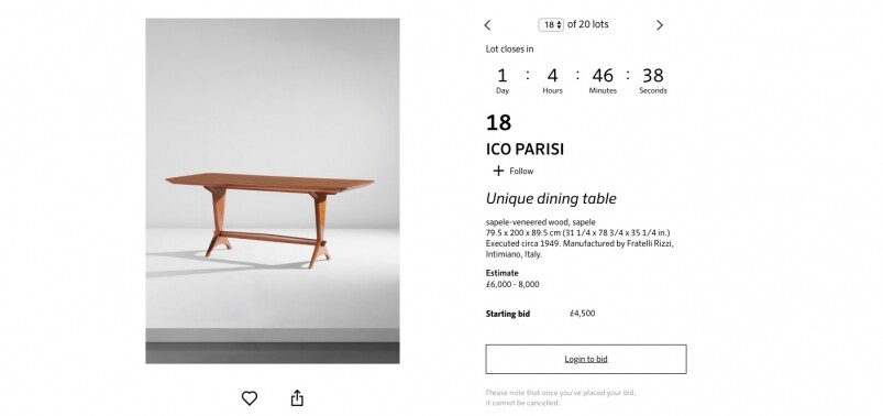 ICO PARISIUnique dining table暫時投標價為4500，估價為6000-8000。，這張紅影木餐桌是上世紀40年