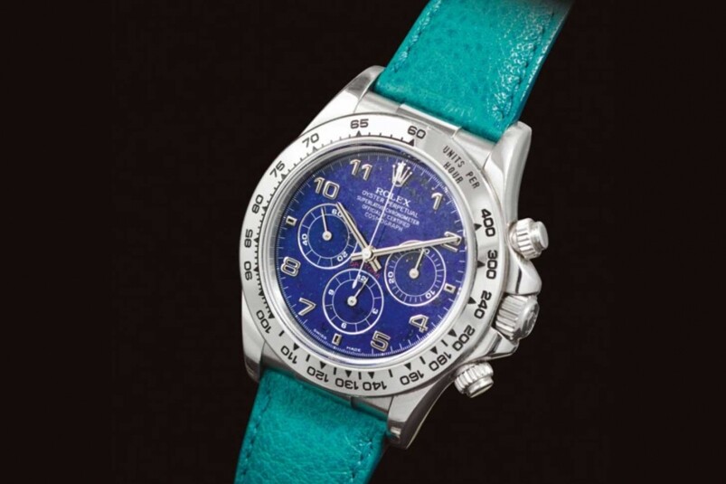 這枚1999年產的Rolex Cosmograph Daytona(Ref.16516)本身當然都價格不菲，用上鉑金錶殼加上青金