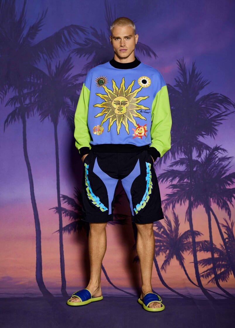 在2022男裝假期系列中，Jeremy Scott通過衝浪風格的斑點，將充滿積極的霓虹色彩
