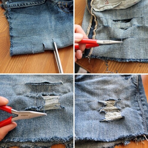 將尾袋的位置改動，可令你的舊褲有一種翻新的味道。先用挑針及剪刀將