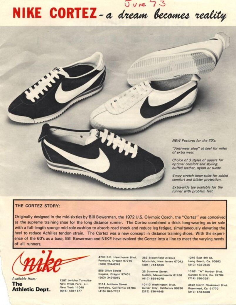 Nike Cortez早期的廣告，可見當時Nike仍以Blue Ribbon Sports的名義宣傳。