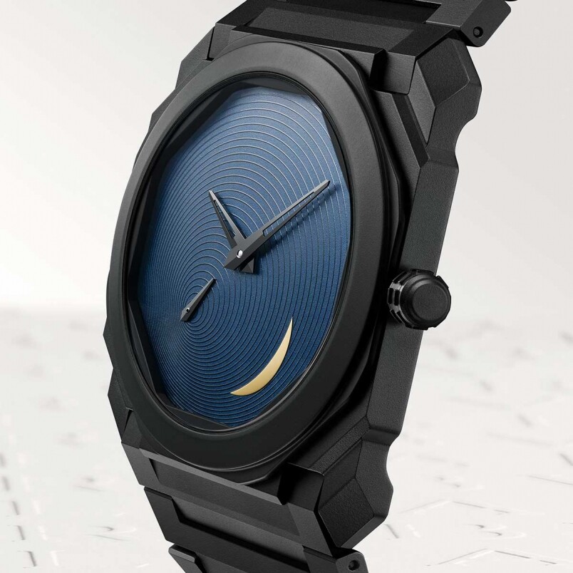 這次與安藤忠雄大師合作的限量腕錶，在深藍色漆面錶盤上以極簡設計