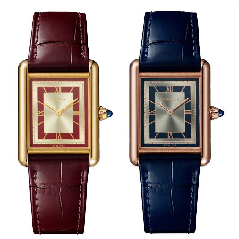 而另一款Tank Louis Cartier系列腕錶，則以色彩來營造出優雅氣息。藍色與紅色是必
