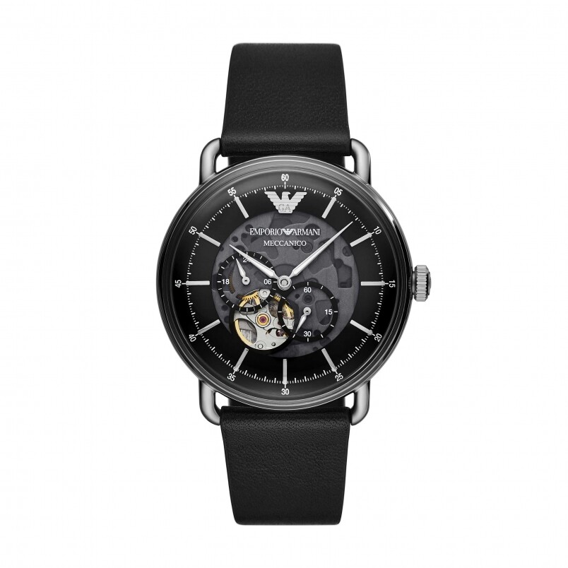 Emporio Armani多功能黑色皮革機械腕錶 HK$3,800