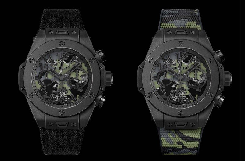 45mm的錶殼由啞光黑色陶瓷打造而成，無論是配迷彩錶帶，或是另一款黑