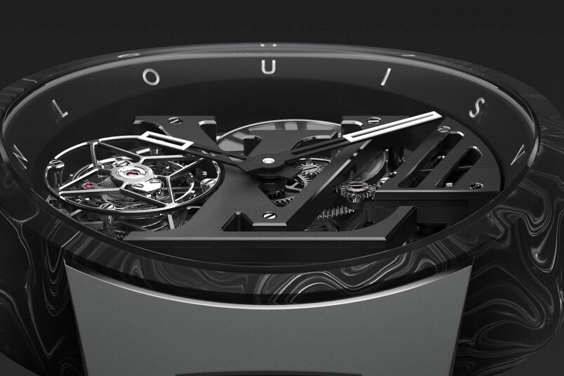 與錶盤中央LV logo互相輝映的，是9點鐘位置的鈦金屬飛行陀飛輪，這當然