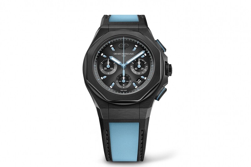 芝柏這枚藍調計時錶有Laureato系列一貫的獨特線條，除了時標及指針，計時按