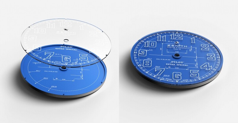 Pilot Type 20 Blueprint錶盤用心在不是單一塗裝，而是由兩部分構成：在啞光藍色底層