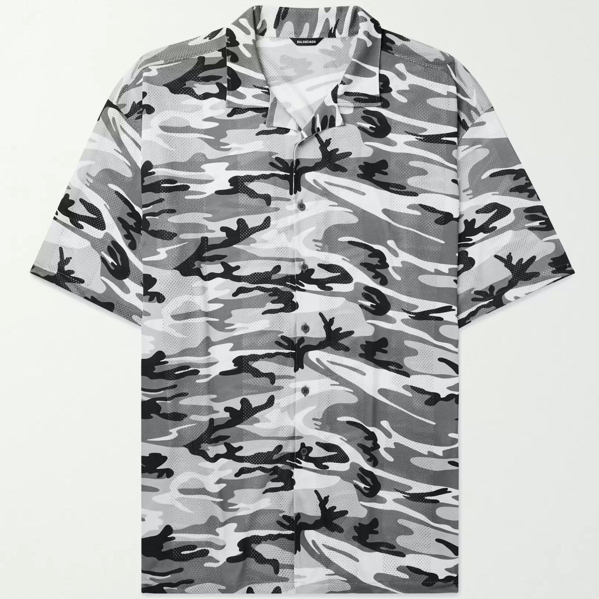BALENCIAGA Oversized Camp-Collar Camouflage-Print Perforated Stretch-Jersey Shirt
